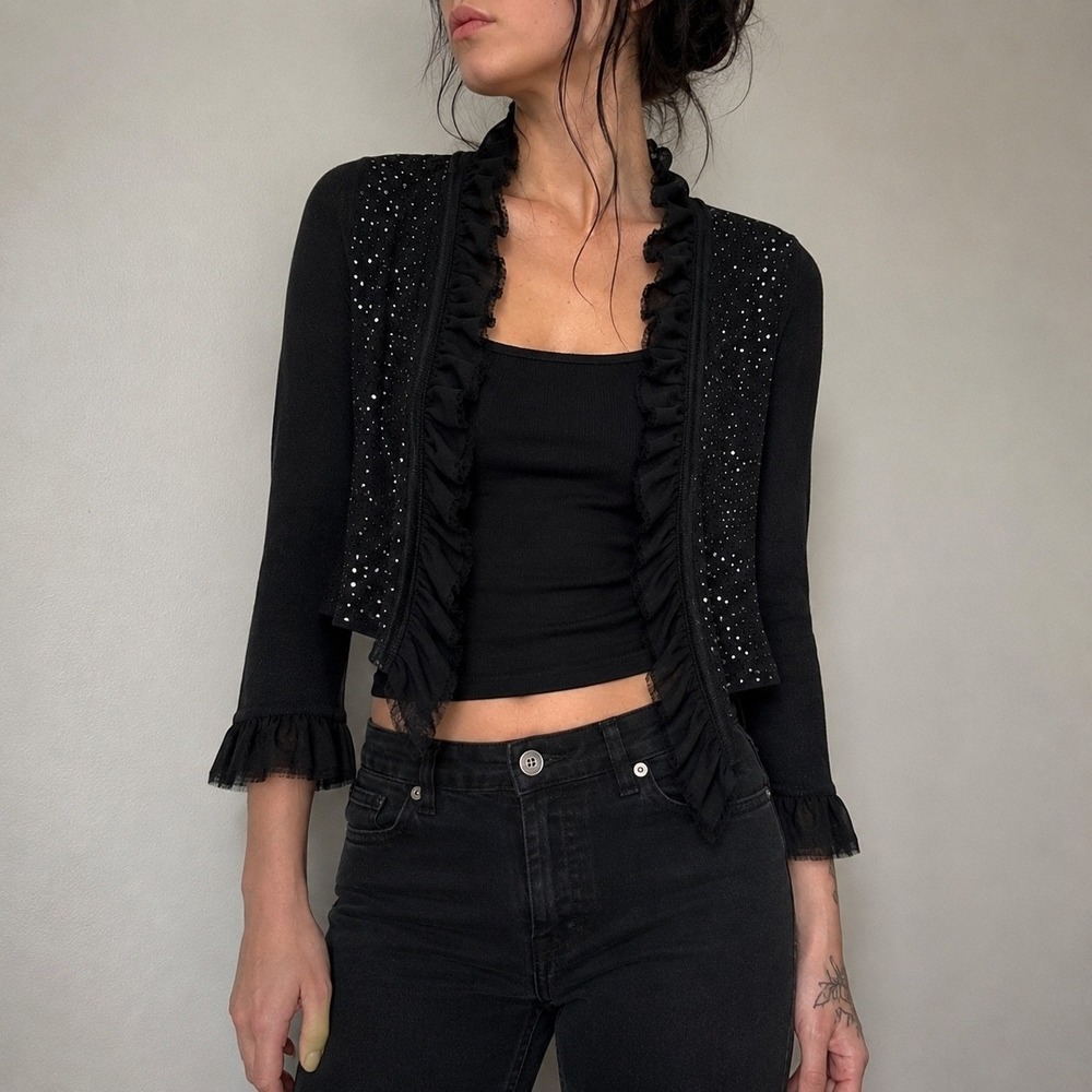 Remain Black Cropped Cardigan Medium Sequin Ruffle Open Front Whimsigoth Y2K